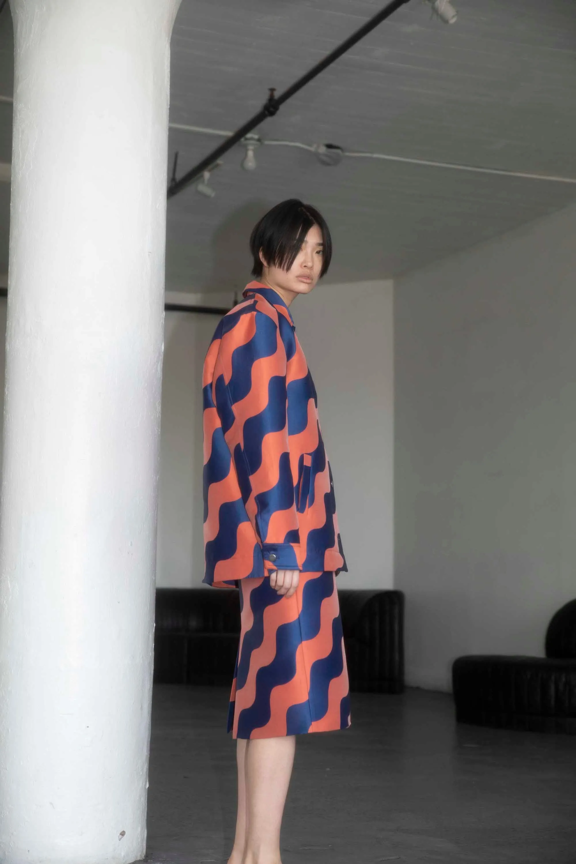 Wave Jacquard Midi Pencil Skirt - Rust / Navy sold by NOMIA product image thumbnail 2