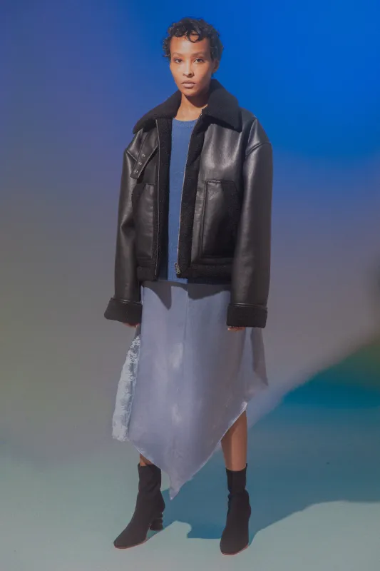 Cropped Faux Shearling Aviator Jacket - Black / black made by NOMIA