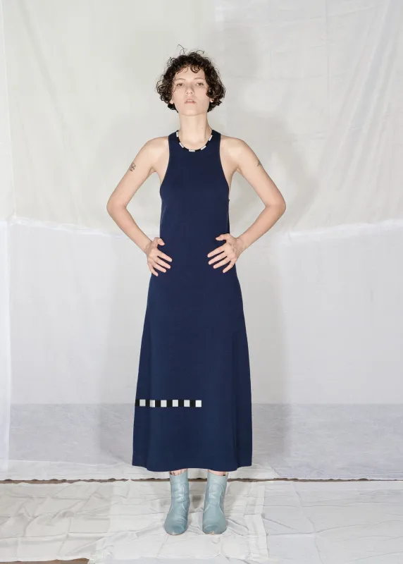 Arp Dress in Midnight Blue with Checker Stripe made by NOMIA
