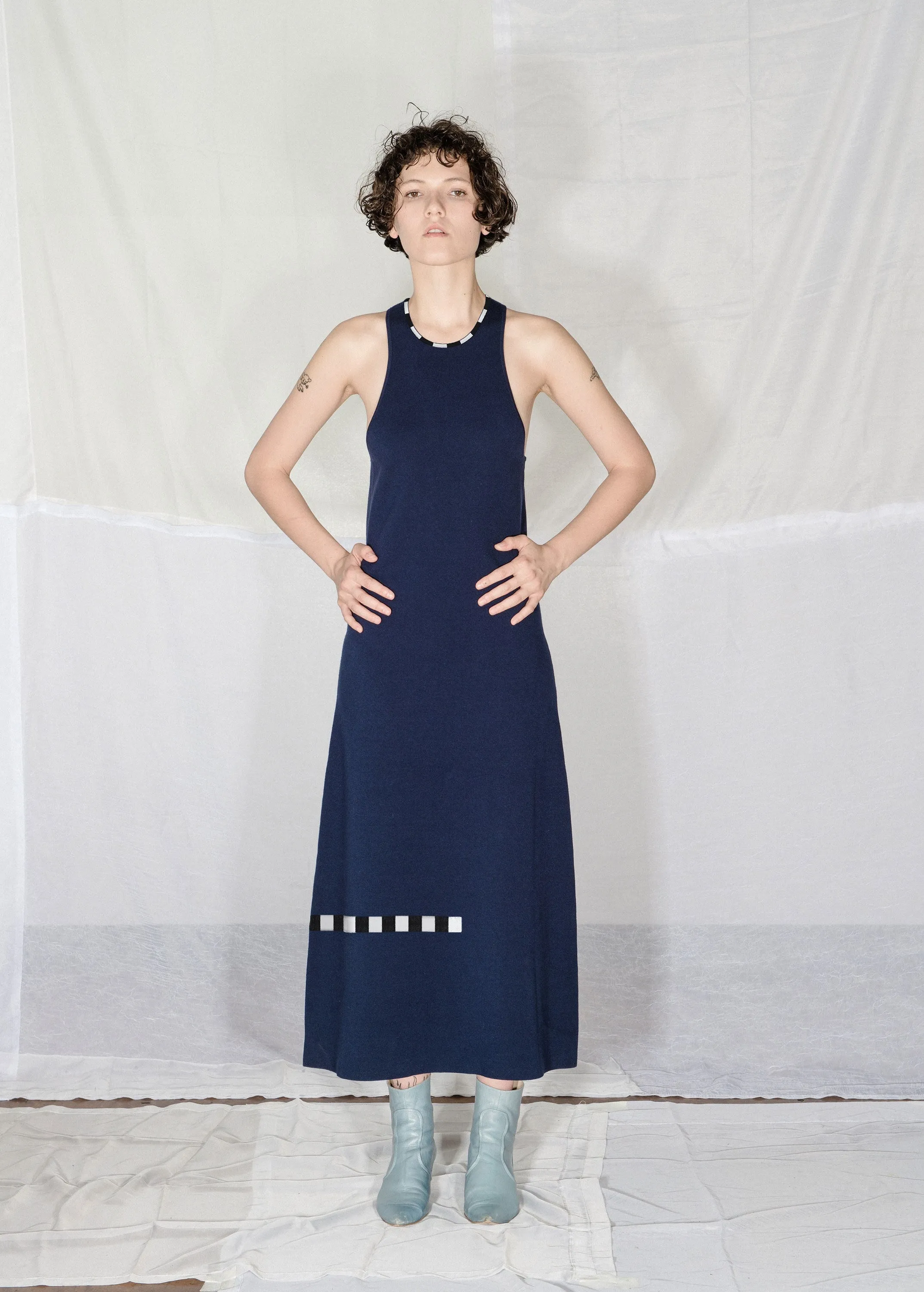 Arp Dress in Midnight Blue with Checker Stripe sold by NOMIA