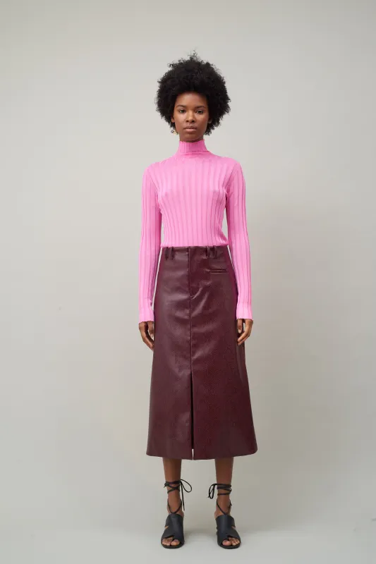 SLIT FRONT SKIRT - BURGUNDY FAUX SNAKESKIN made by NOMIA