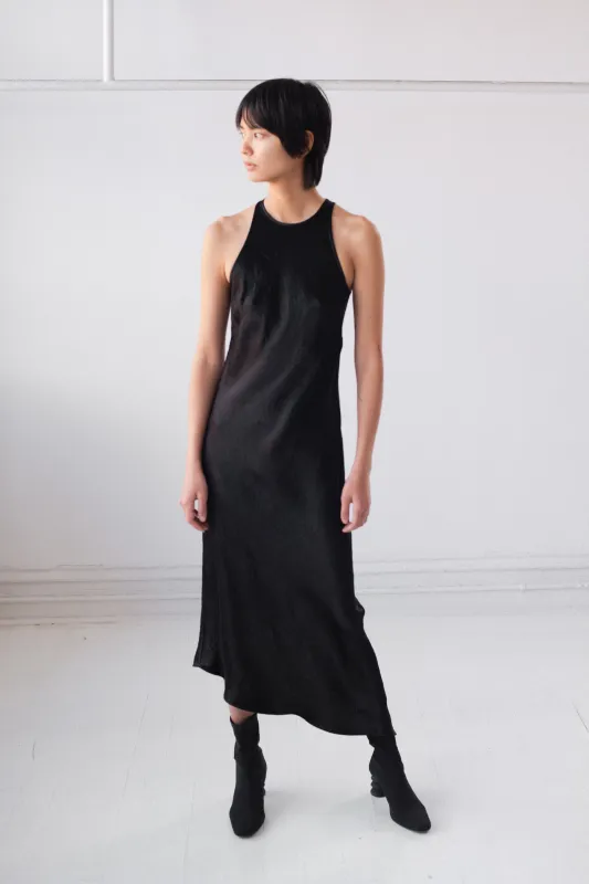 Racerback Bias Dress - Black crushed Satin made by NOMIA