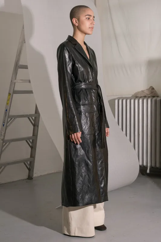 BELTED TRENCH COAT - BLACK FAUX LEATHER made by NOMIA