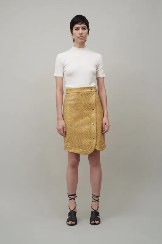 SNAP FRONT SKIRT - YELLOW FAUX SNAKESKIN made by NOMIA