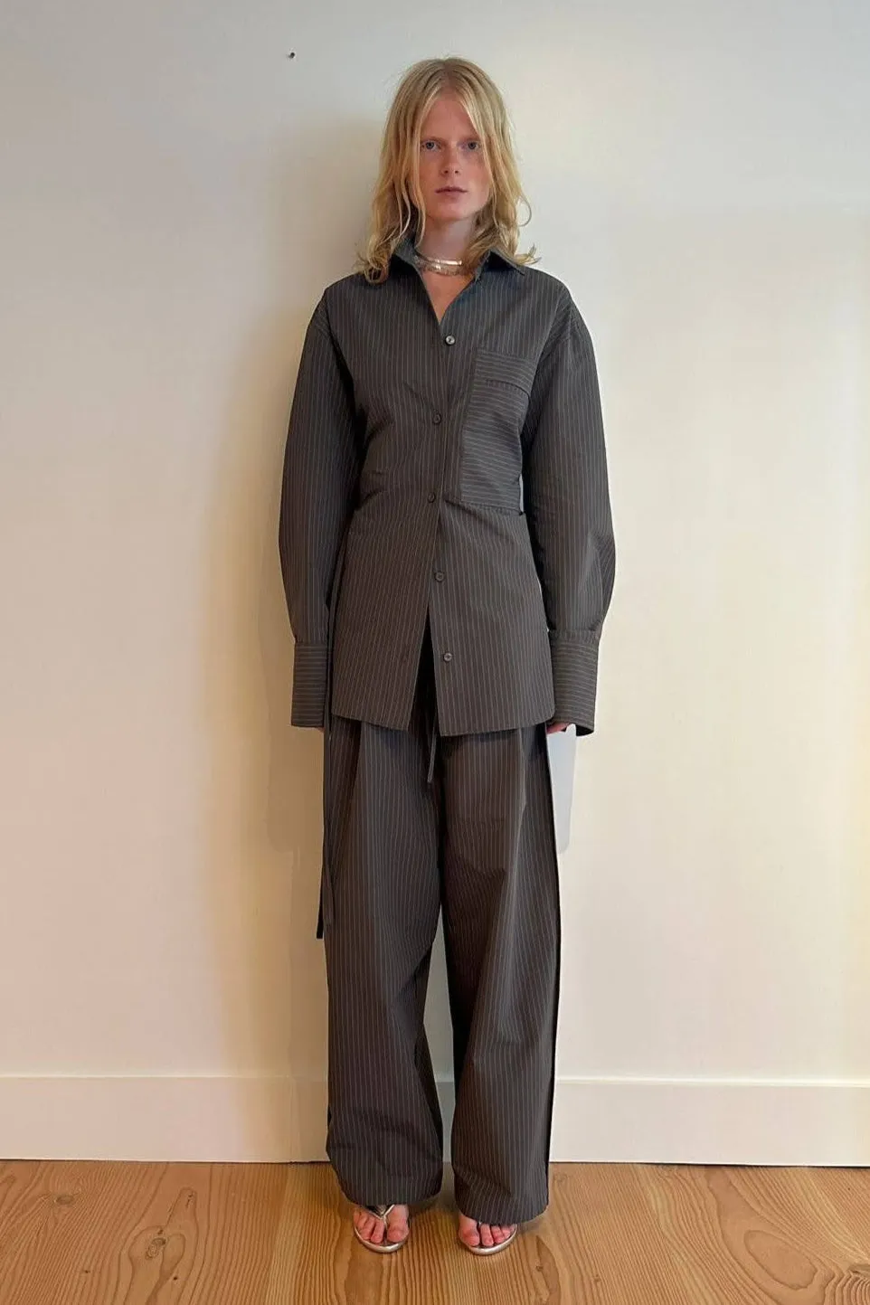 Oversize Button Down w/ Side ties - Coffee Stripe sold by NOMIA