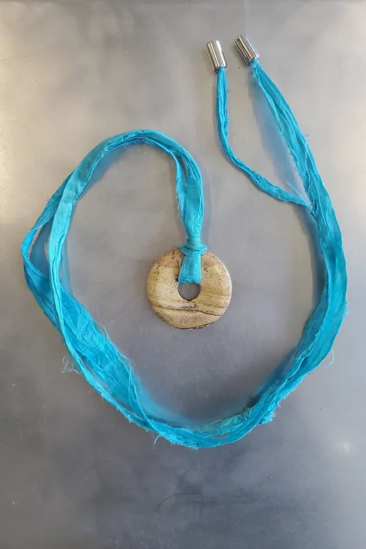 Cord Necklace with Stone Circle Pendant Necklace - Sand Jasper made by NOMIA