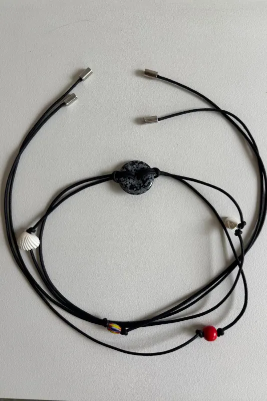 Confetti Cord Belt with Stone Circle Pendant - Snowflake Obsidian made by NOMIA