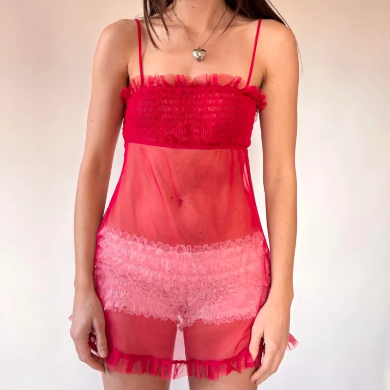 2001 Victoria’s Secret Cherry Mesh Mini Slip (XS/S) sold by Hazy Vintage