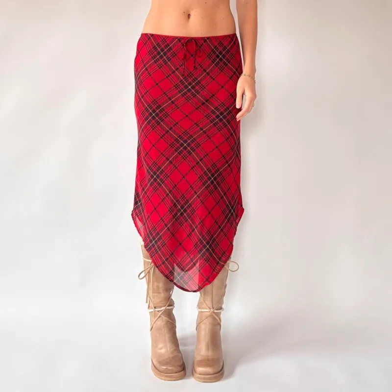 90s Plaid Pointed Hem Midi Skirt (S/M) sold by Hazy Vintage