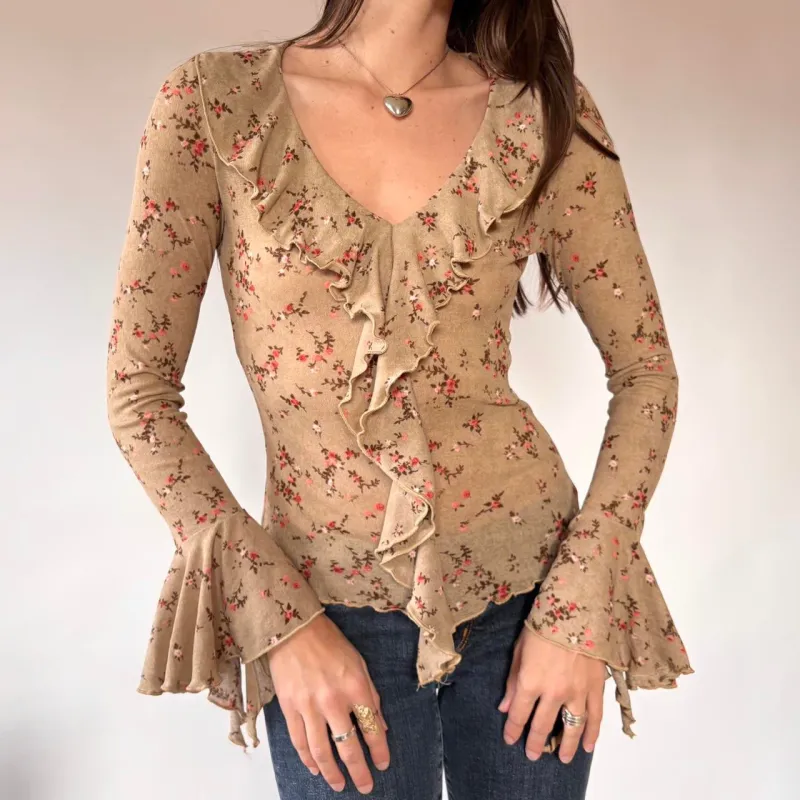 Y2K Floral Mesh Whimsy Top (S) sold by Hazy Vintage