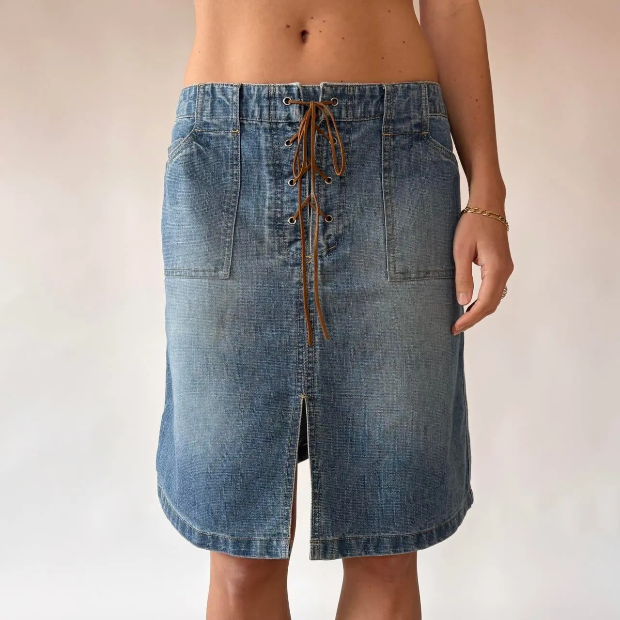 Y2K Lace Up Denim Skirt (M) sold by Hazy Vintage product image thumbnail 3
