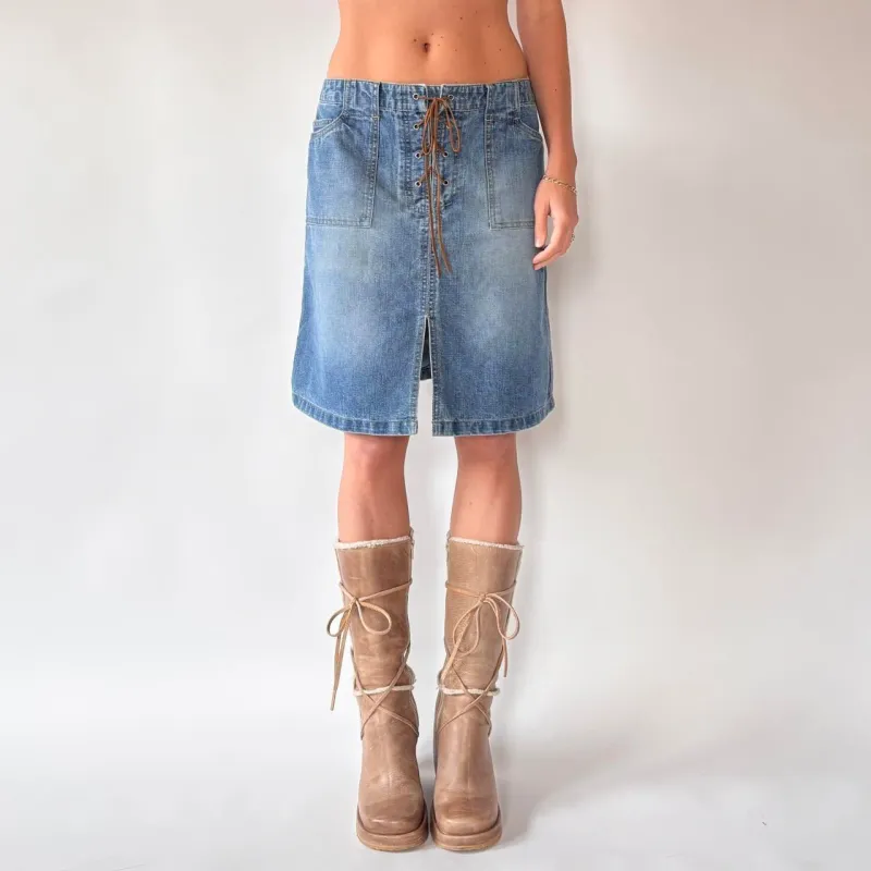 Y2K Lace Up Denim Skirt (M) sold by Hazy Vintage