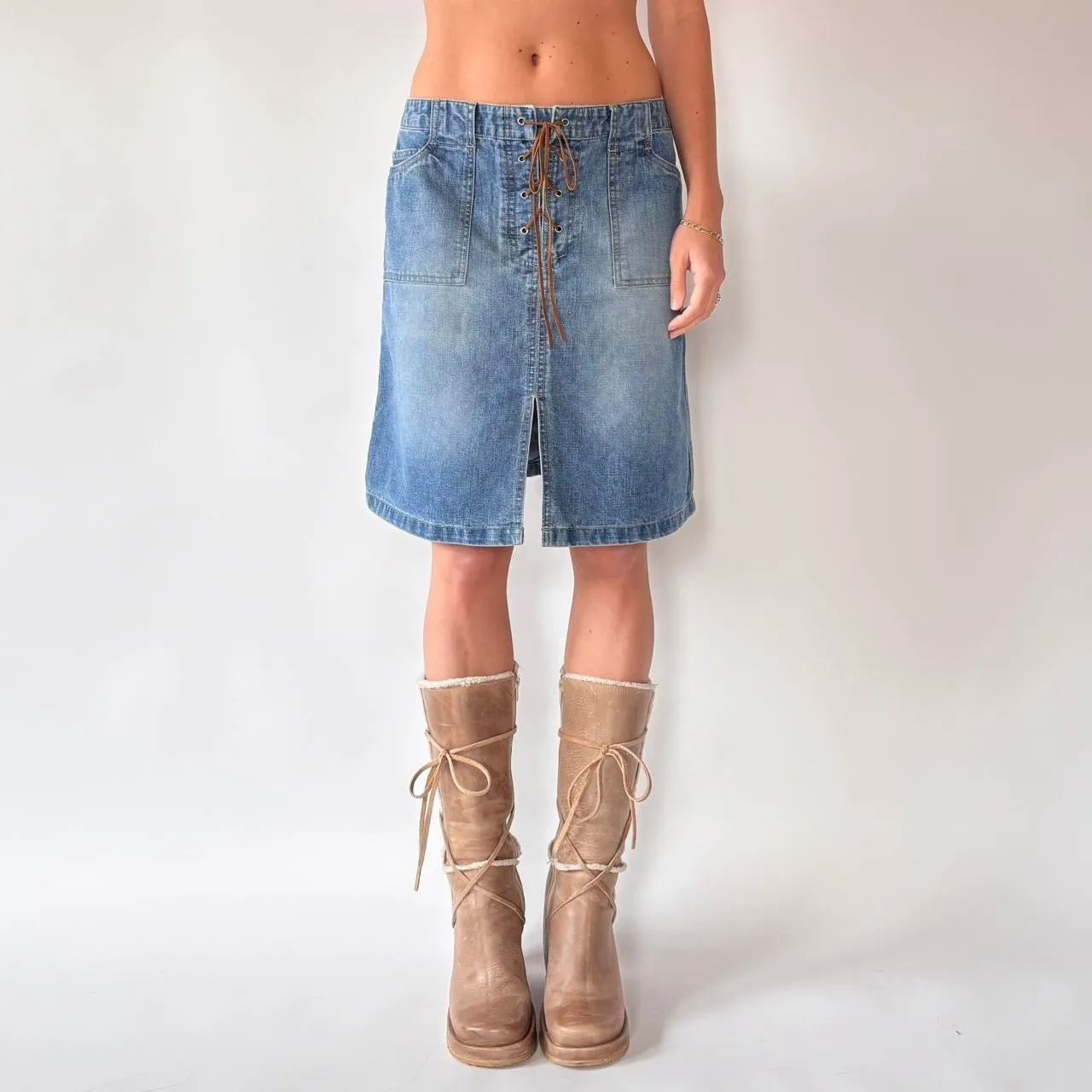 Y2K Lace Up Denim Skirt (M) sold by Hazy Vintage