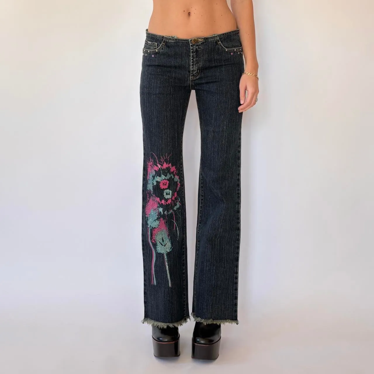 Y2K Low Rise Embellished Jeans (XS) sold by Hazy Vintage