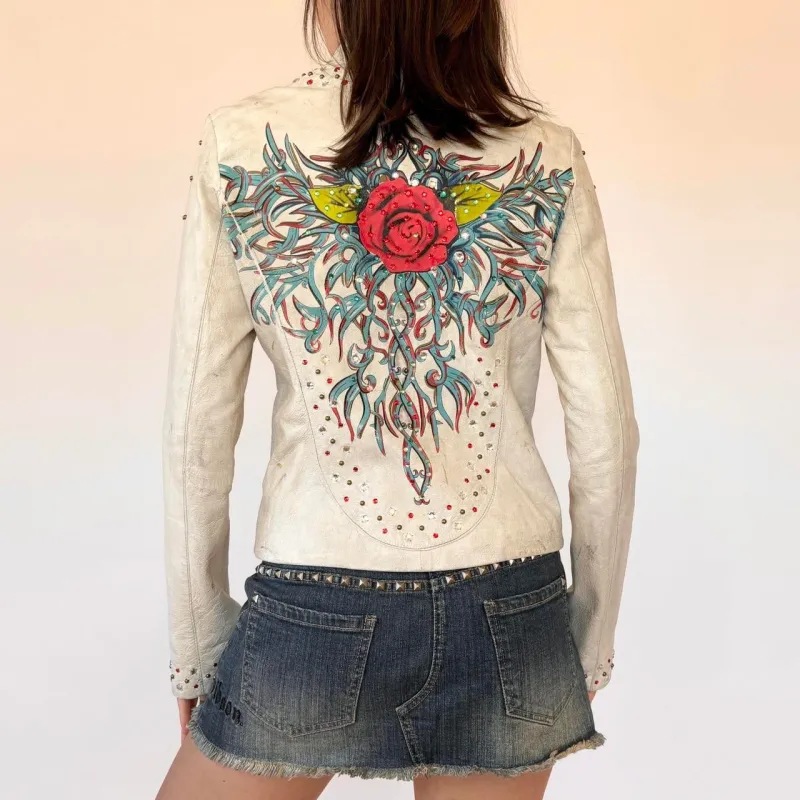 Y2K Wilson’s Studded & Painted Leather Jacket (S/M) sold by Hazy Vintage