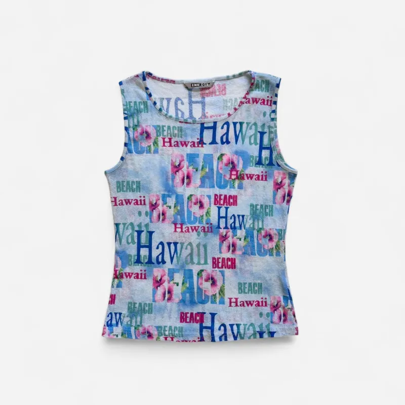 Y2K Hawaii Mesh Tank (M) sold by Hazy Vintage