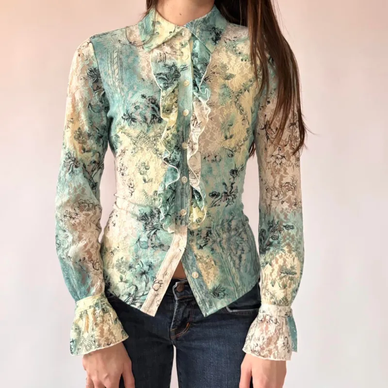 Y2K Ruffly Lace Button Up Blouse (S) made by C.C