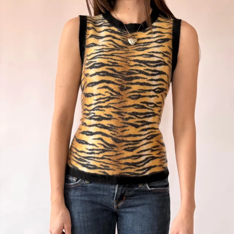 2000s Tiger Print Knit Top (S/M) made by Hazy Vintage