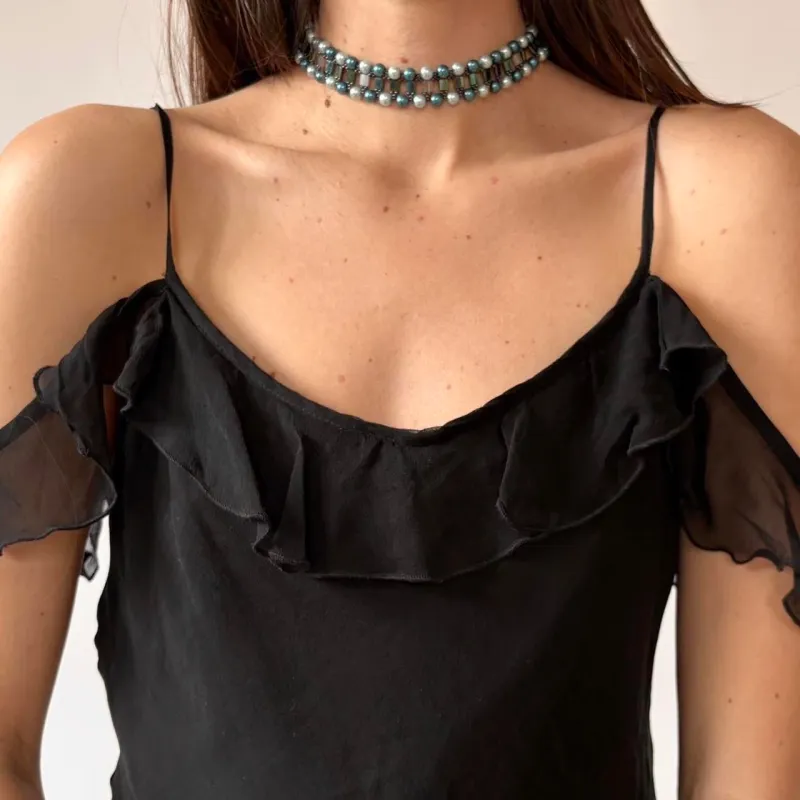 90s Blue Pearly Choker Necklace made by Stuart Weitzman