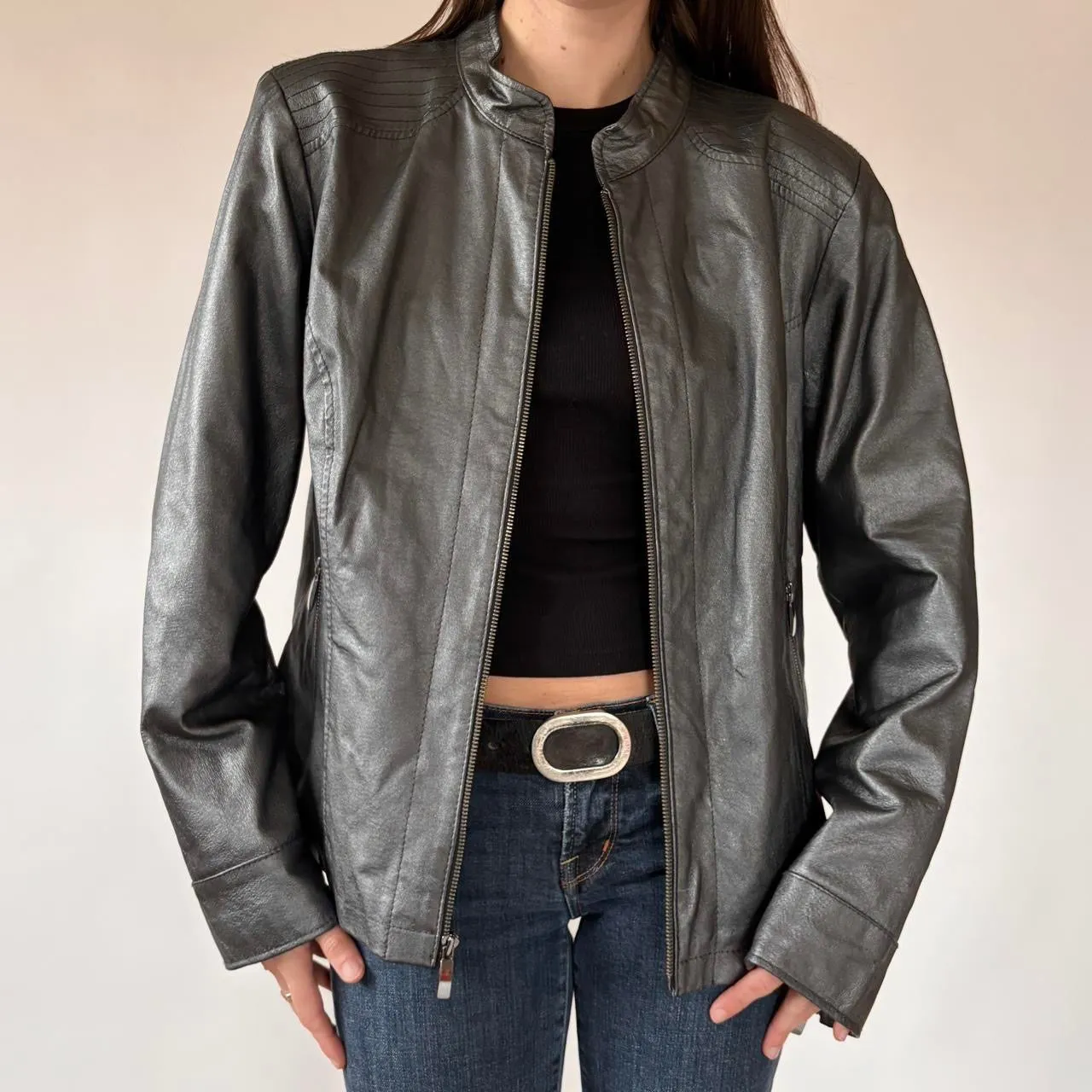 Chrome Genuine Leather Moto Jacket (XL/1X) sold by Hazy Vintage product image thumbnail 3