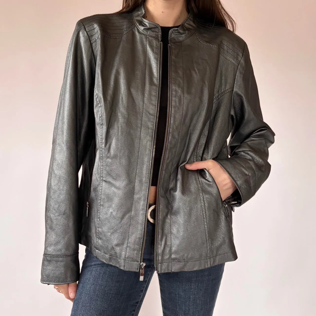 Chrome Genuine Leather Moto Jacket (XL/1X) sold by Hazy Vintage product image thumbnail 2