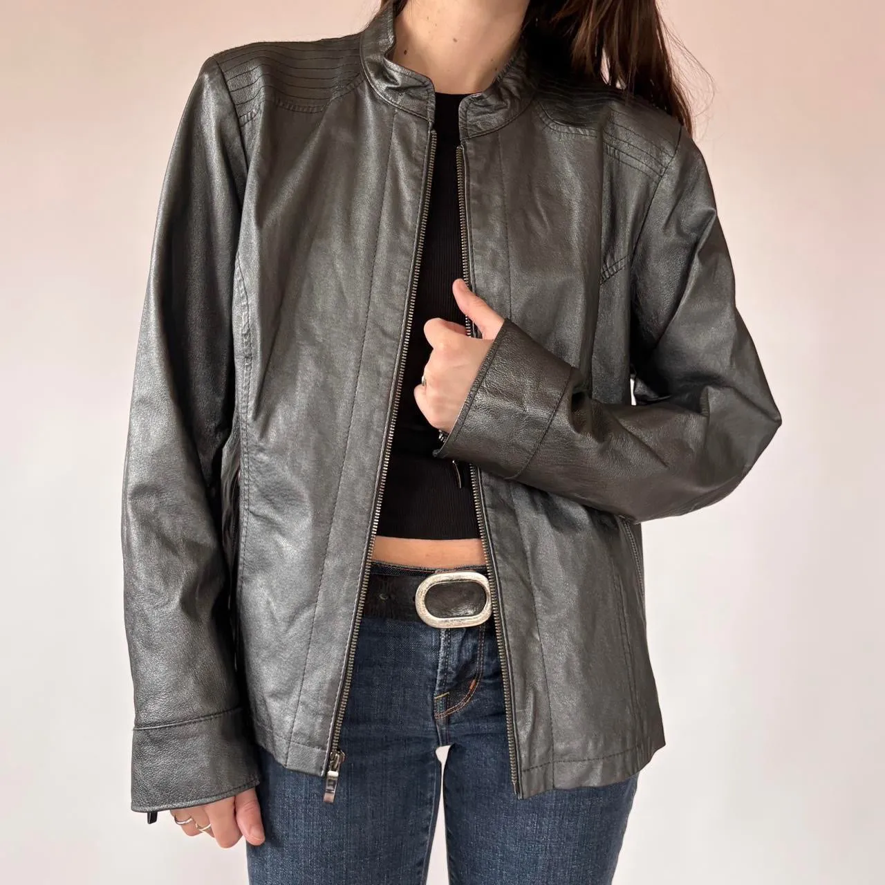 Chrome Genuine Leather Moto Jacket (XL/1X) sold by Hazy Vintage
