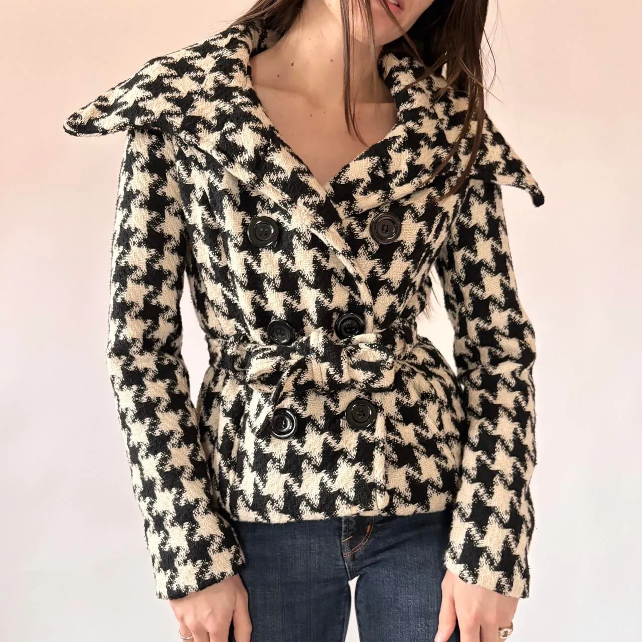 Y2K Houndstooth Belted Coat (XS/S) sold by Hazy Vintage
