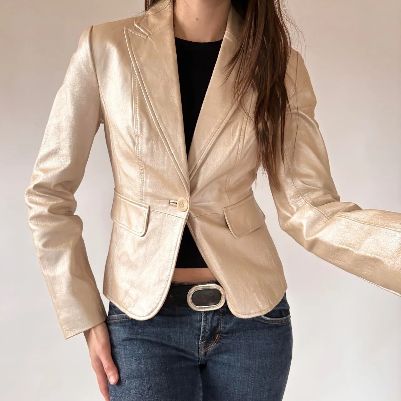 2000s Champagne Genuine Leather Blazer (XS/S) sold by Hazy Vintage product image thumbnail 4