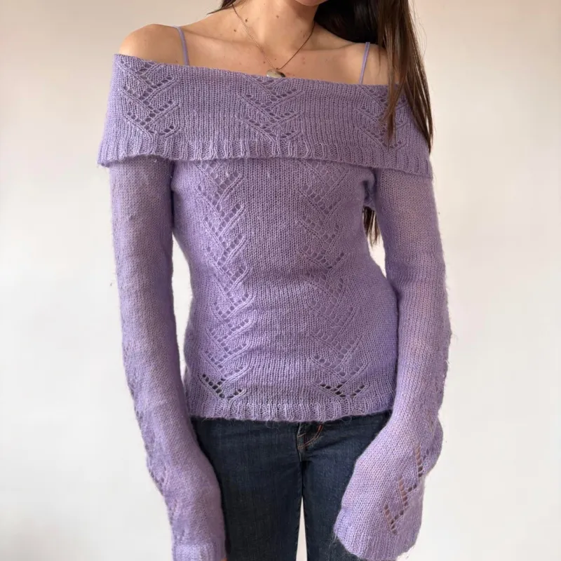 Y2K Lilac Off Shoulder Knit Sweater (M) made by Stuart Weitzman
