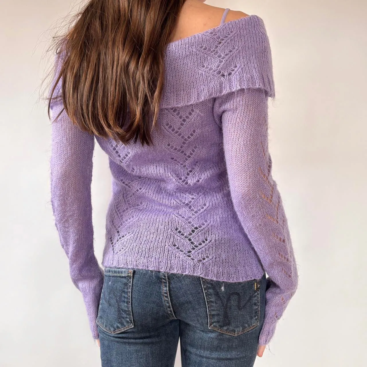 Y2K Lilac Off Shoulder Knit Sweater (M) sold by Hazy Vintage product image thumbnail 4