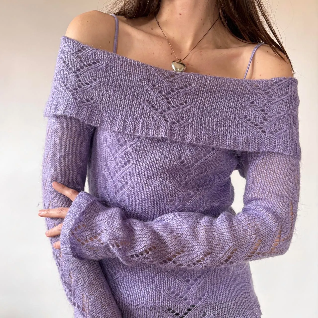 Y2K Lilac Off Shoulder Knit Sweater (M) sold by Hazy Vintage product image thumbnail 3