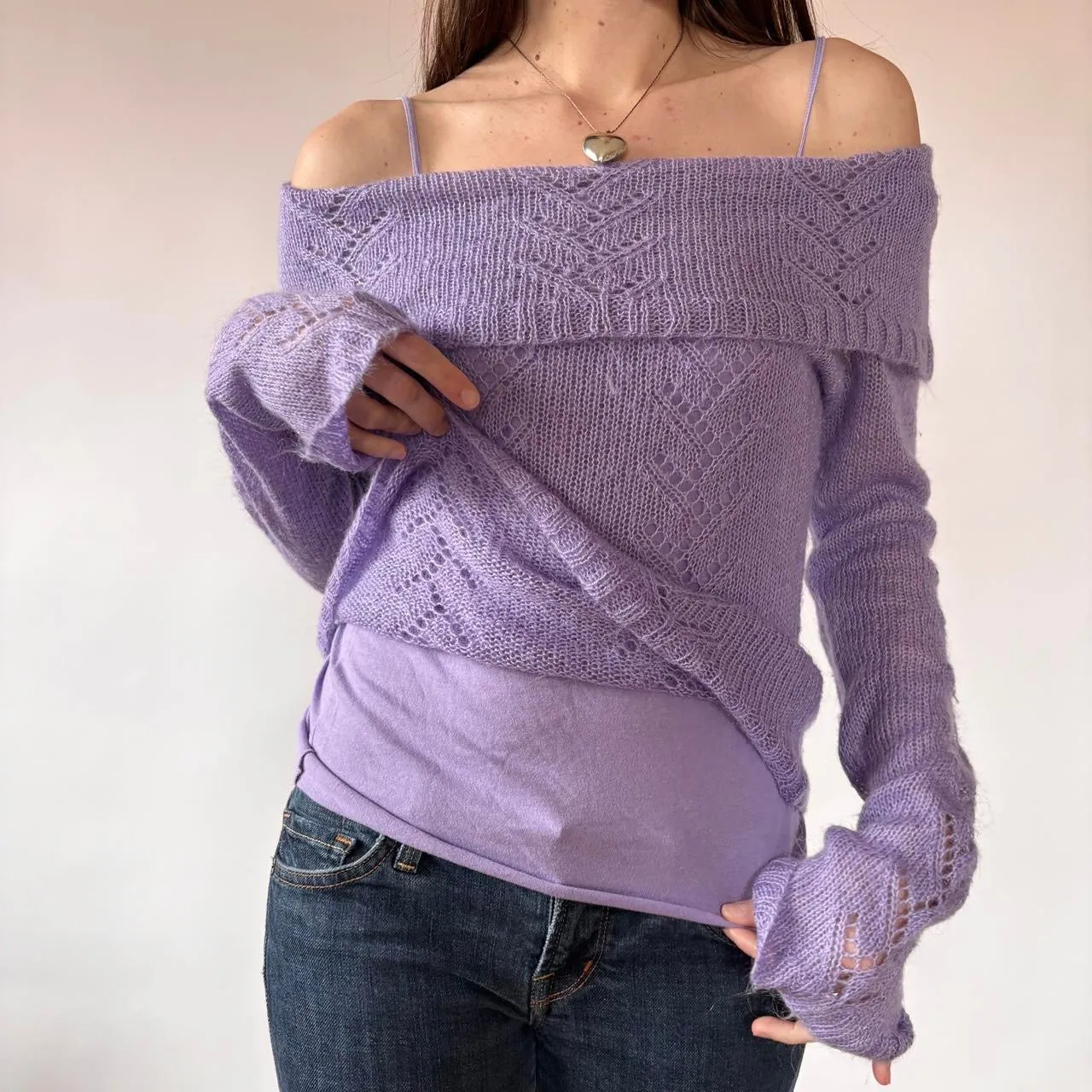 Y2K Lilac Off Shoulder Knit Sweater (M) sold by Hazy Vintage product image thumbnail 2
