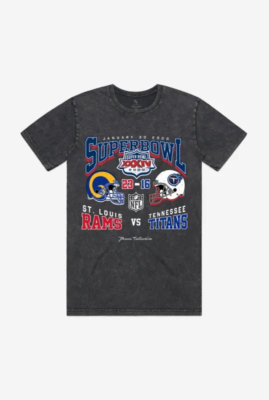Super Bowl XXXIV: St. Louis Rams vs. Tennessee Titans Garment Dyed Heavyweight T-Shirt - Black sold by Peace-Collective