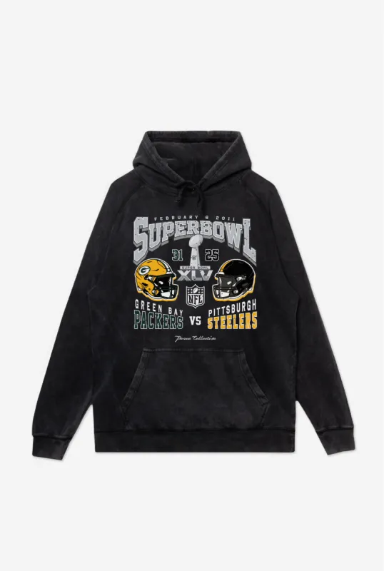 Super Bowl XLV: Green Bay Packers vs. Pittsburgh Steelers Stonewashed Hoodie - Black sold by Peace-Collective