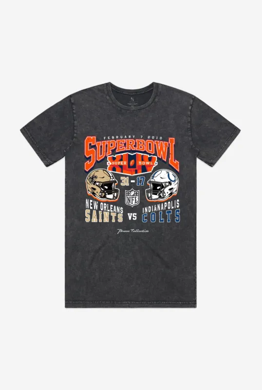 Super Bowl XLIV: New Orleans Saints vs Indianapolis Colts Garment Dyed Heavyweight T-Shirt - Black sold by Peace-Collective