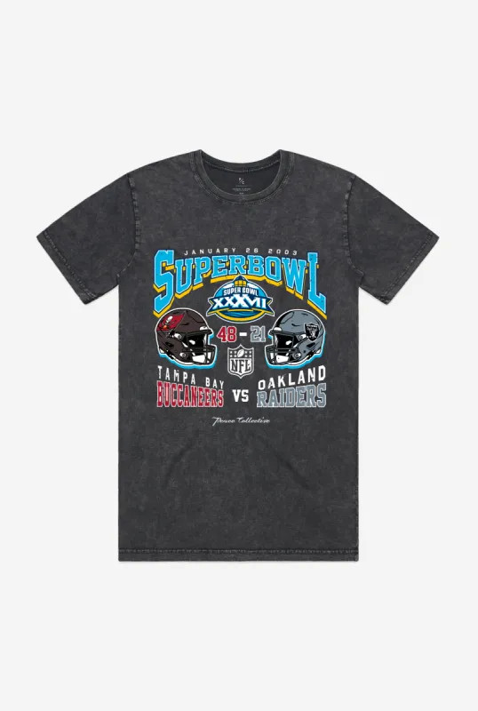 Super Bowl XXXVII: Tampa Bay Buccaneers vs Oakland Raiders Garment Dyed Heavyweight T-Shirt - Black sold by Peace-Collective