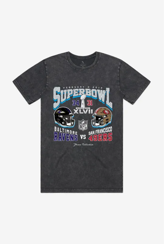 Super Bowl XLVII: Baltimore Ravens vs San Francisco 49ers Garment Dyed Heavyweight T-Shirt - Black sold by Peace-Collective