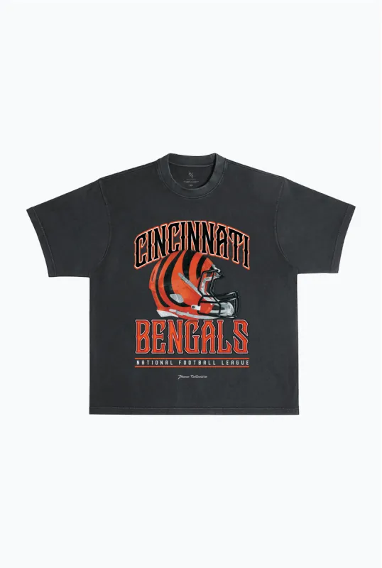 Cincinnati Bengals Helmet Garment Dyed Heavyweight T-Shirt - Black sold by Peace-Collective