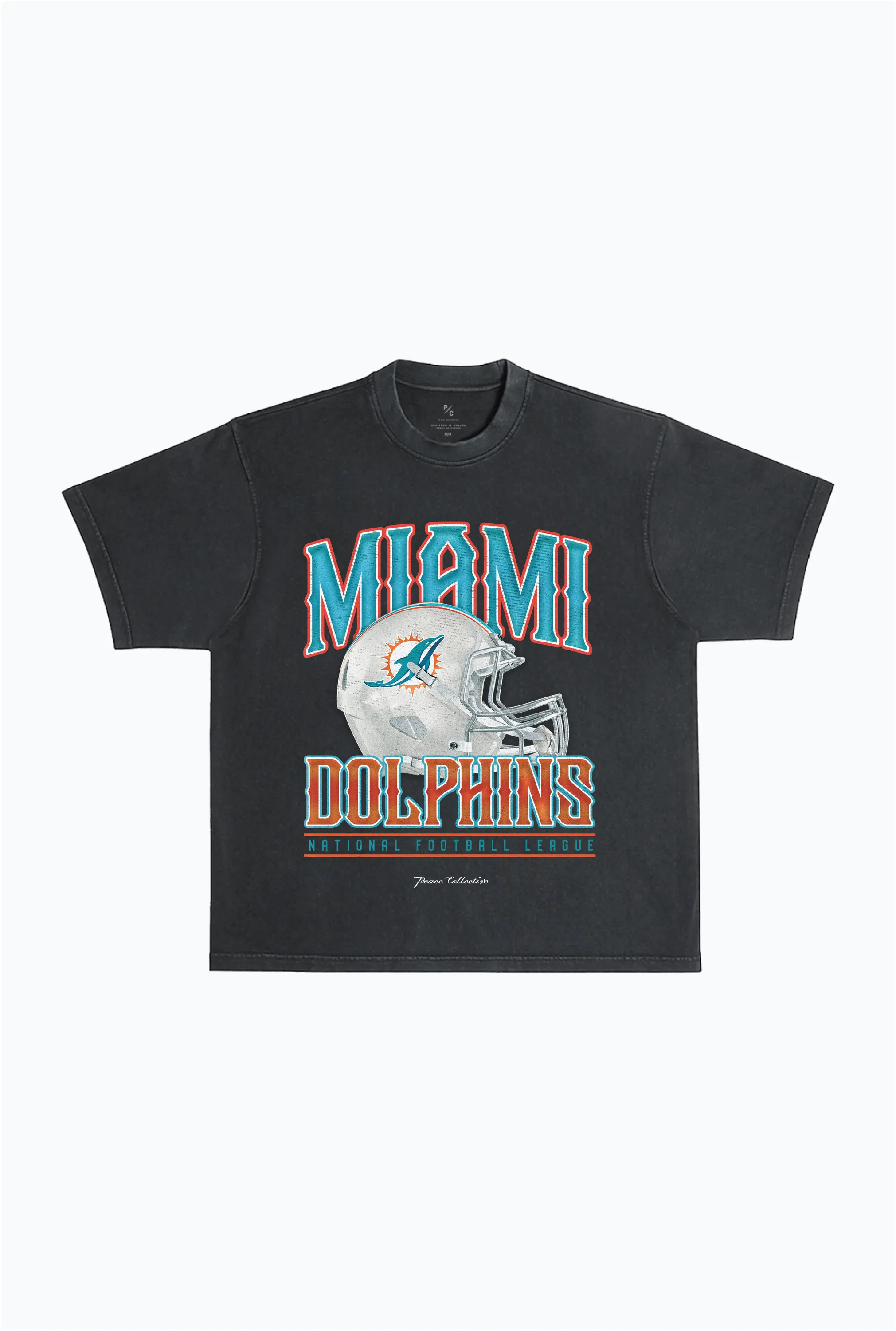 Miami Dolphins Helmet Garment Dyed Heavyweight T-Shirt - Black sold by Peace-Collective