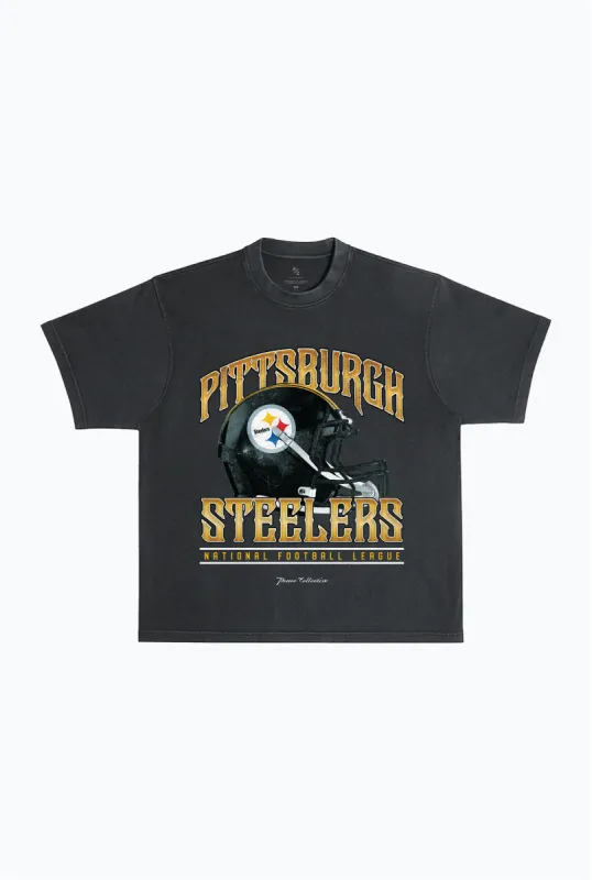 Pittsburgh Steelers Helmet Garment Dyed Heavyweight T-Shirt - Black sold by Peace-Collective