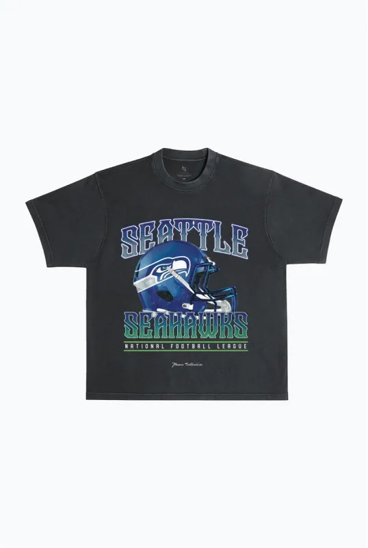 Seattle Seahawks Helmet Garment Dyed Heavyweight T-Shirt - Black sold by Peace-Collective