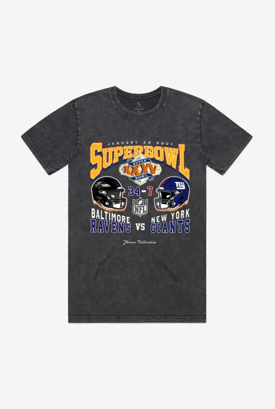 Super Bowl XXXV: Baltimore Ravens vs New York Giants Garment Dyed Heavyweight T-Shirt - Black sold by Peace-Collective