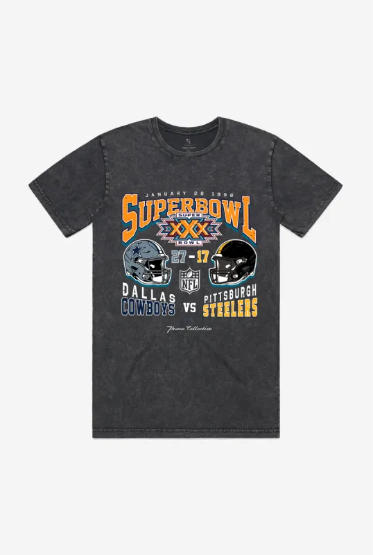 Super Bowl XXX: Dallas Cowboys vs Pittsburgh Steelers Garment Dyed Heavyweight T-Shirt - Black sold by Peace-Collective