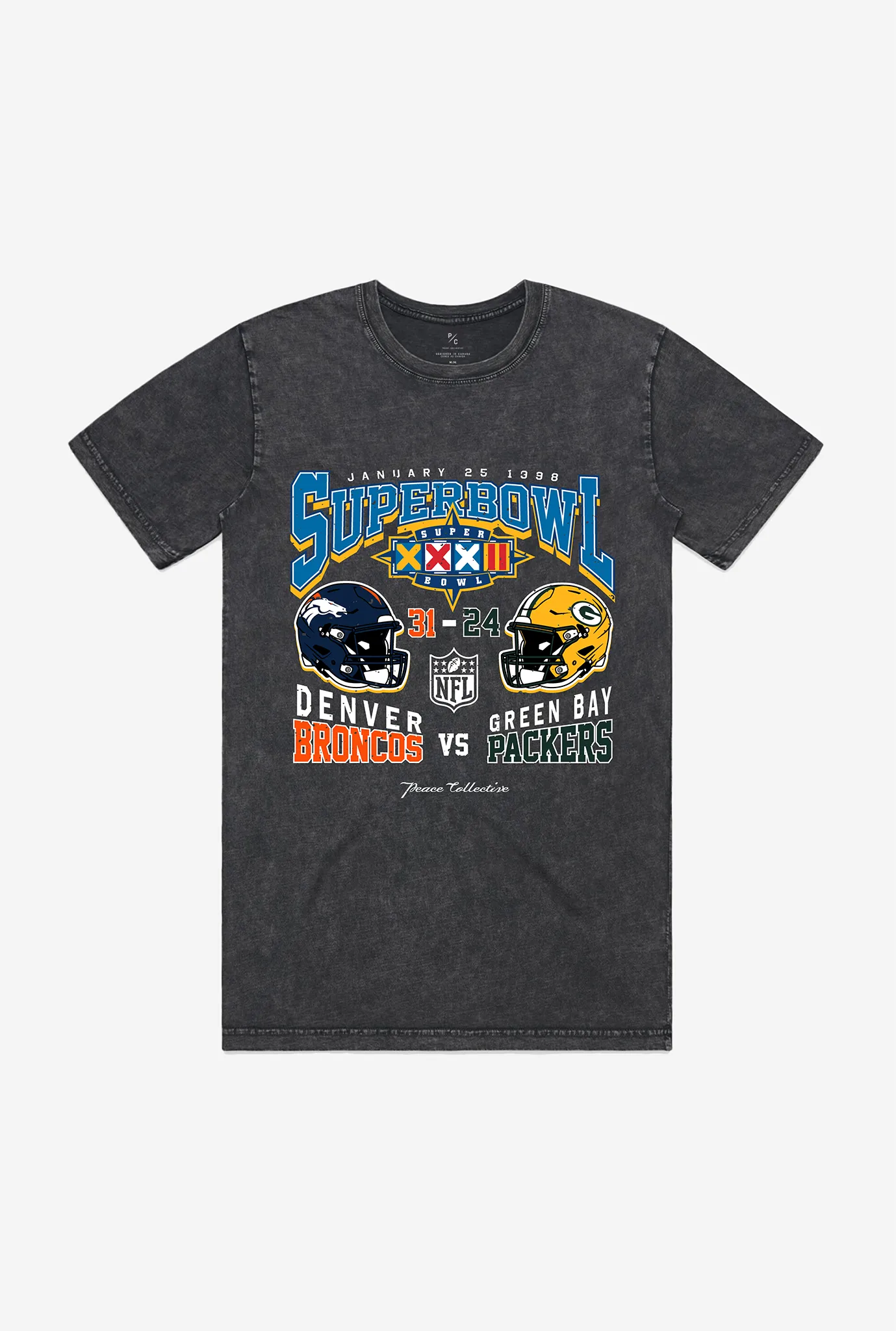 Super Bowl XXXII: Denver Broncos vs Green Bay Packers Garment Dyed Heavyweight T-Shirt - Black sold by Peace-Collective