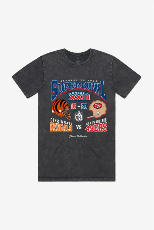 Super Bowl XXIII: San Francisco 49ers vs Cincinnati Bengals Garment Dyed Heavyweight T-Shirt - Black sold by Peace-Collective