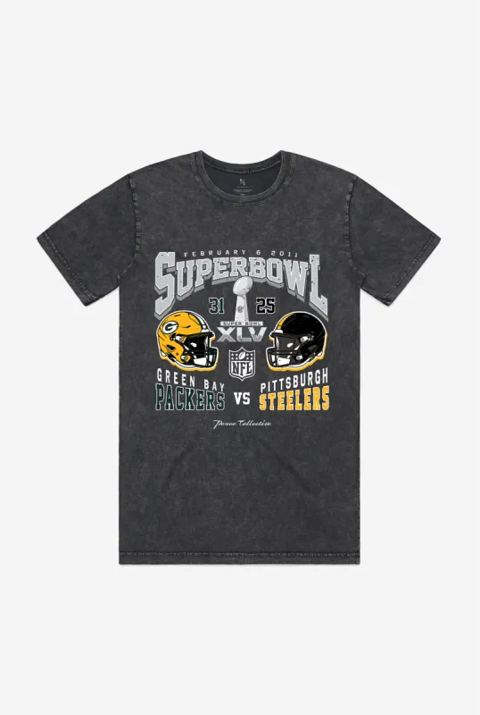 Super Bowl XLV: Green Bay Packers vs Pittsburgh Steelers Garment Dyed Heavyweight T-Shirt - Black sold by Peace-Collective