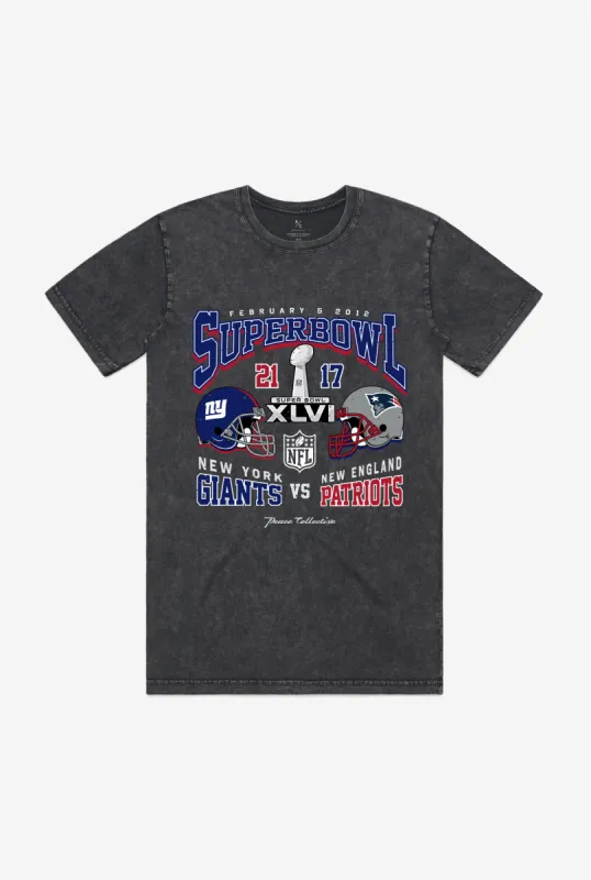 Super Bowl XLVI: New York Giants vs New England Patriots Garment Dyed Heavyweight T-Shirt - Black sold by Peace-Collective