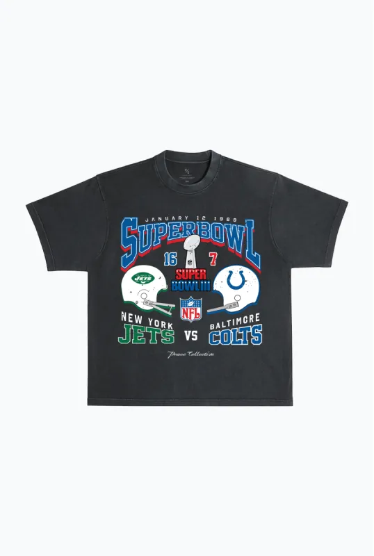 Super Bowl III: New York Jets vs. Baltimore Colts Garment Dyed Heavyweight T-Shirt - Black sold by Peace-Collective