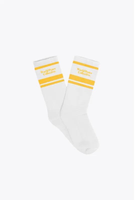 P/C x Metta World Peace Crew Socks - White/ Yellow sold by Peace-Collective