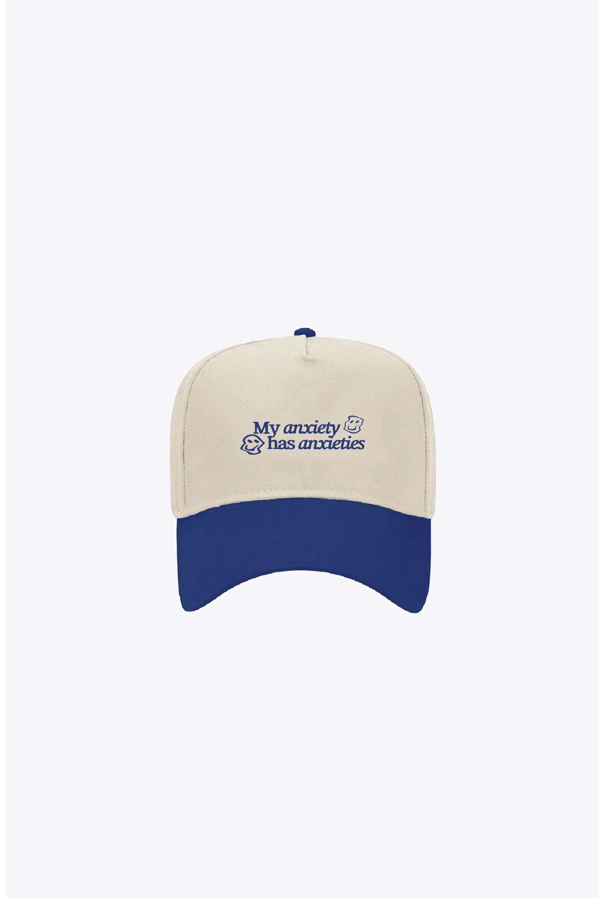 My Anxiety Has Anxieties A-Frame Cap - Royal / Ivory sold by Peace-Collective
